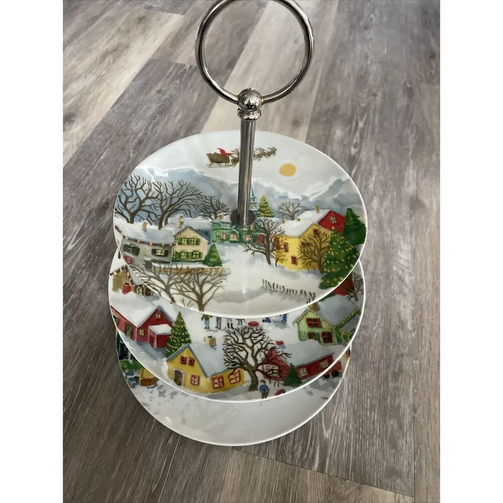 Pottery Barn Christmas Winter Village 3 Tier Tidbit Server Tray Cake Stand